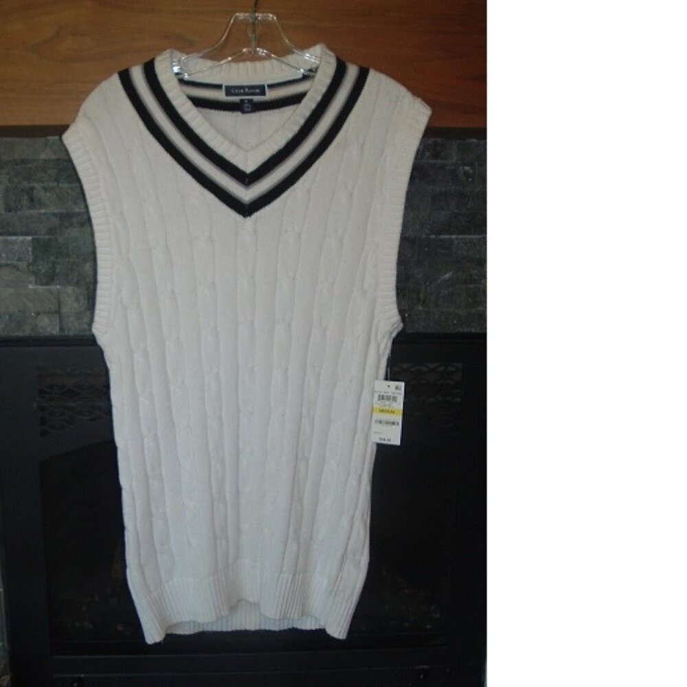 Club Room Cable Knit Vest Size M White/Navy/Gray NEW with tags - READ! Academia